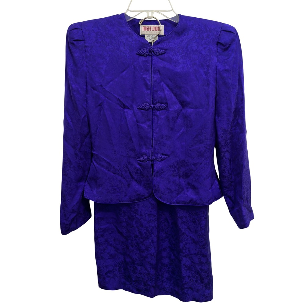 Maggy London Petites Vintage Silk Jacquard Skirt Suit Set Purple Frog Closure 2P